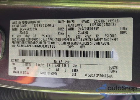 2021 Lincoln Corsair Reserve z USA, uszkodzony, nr VIN 5LMCJ2D9XMUL05138